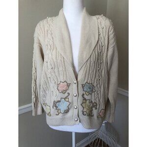 Vintage Chaus Petite Size Small Cream Cable Knit Sweater Beaded Embroidered